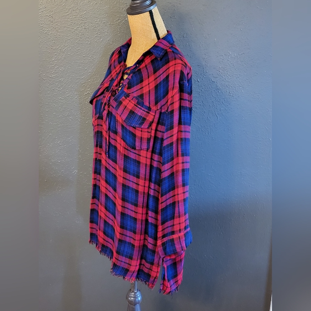 Umgee Flannel Plaid Blouse Pullover Tie Front Medium - Picture 5 of 10